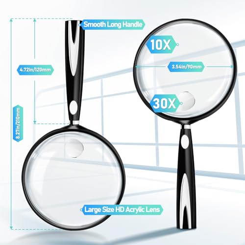 Black 10X-30X Handheld Magnifying Glass 90mm for Reading & Crafts