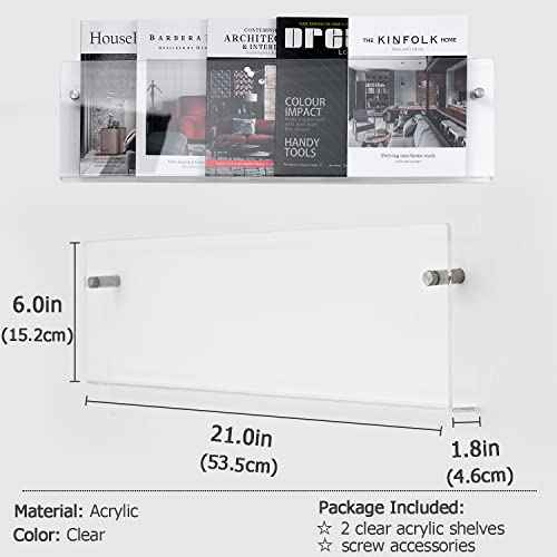 2 Pack Clear Acrylic Magazine Holder, Wall Mount Bookshelf Magazine Rack, Literature Brochure File Display Shelf for Waiting Room, Living Room, Office, Home, Organization