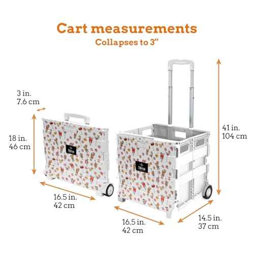 Inspired Living Ultra-Slim Rolling Collapsible Storage Pack-N-Roll Utility-carts, with Telescopic Handle, for Home, Garden, Shopping, Office, School use, Large, White, Cocktail Print