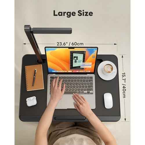 Laptop Table with LED Desk Light, SAIJI Laptop Stand for Bed, Height Adjustments Bed Desk with Book Stand for Reading Writing Drawing (Black)