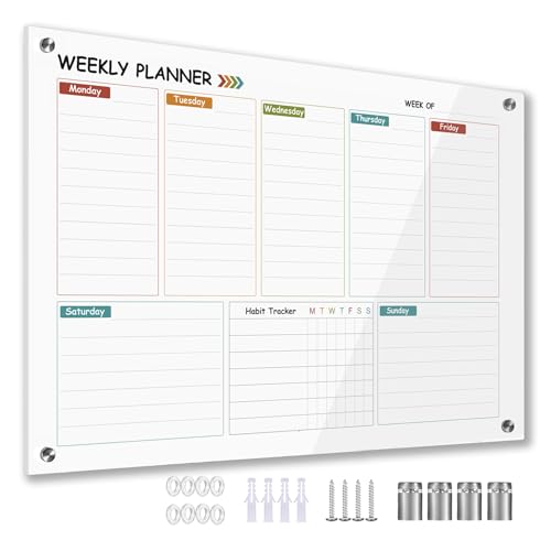 Glass Colorful Weekly Dry Erase Board for Wall,Weekly Planner Whiteboard for Wall 24"x18",Frameless Mounting,Medium Weekly Wall Calendar Dry Erase for Office/School/Home