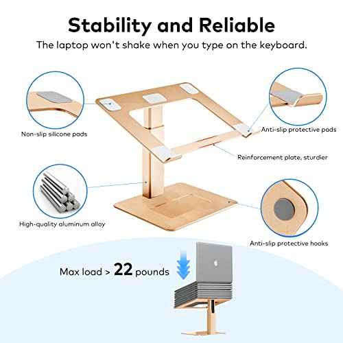 Laptop Stand for Desk, Ergonomic Aluminum Laptop Stand Adjustable Height from 7-15", Sitting and Standing Laptop Riser for 10-17" Notebook (Gold)