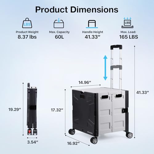 Folding Utility Cart with Lid, 60L Collapsible Rolling Crate, 165LBS Heavy Duty Foldable Shopping Cart, Portable Rolling Utility Crate with Wheels for Groceries, Tools, Office, Teachers, Storage,Black