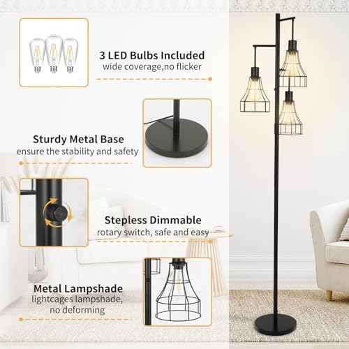 Dimmable Floor Lamp,70¡¯¡¯ Farmhouse Rustic Standing Tree Lamp with 3 LED Edison Bulbs,Industrial Modern Tall Lamp with Elegant Cage for Living Room Corner Bedroom Office Reading