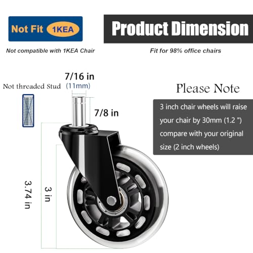 TESUMI 3-Inch Office Chair Casters Wheels 11mm Stem, Set of 5 - Universal Fit, Quiet, Floor Friendly Replacement