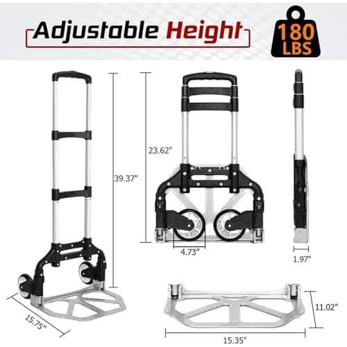 Folding Hand Truck Aluminum Portable Folding Hand Cart 180lbs Capacity Hand Cart and Dolly Ideal for Home, Auto, Office,Travel Use,Black