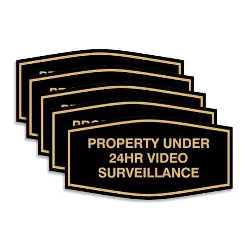 All Quality Fancy Property Under 24Hr Video Surveillance Sign | Property Security Sign with Easy Installation | 24/7 Security Monitoring (Black/Gold) - Medium 5 Pack