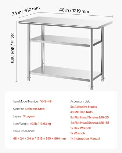 VEVOR 24x48 Stainless Steel Work Table – Heavy Duty Food Prep Table with 2 Shelves