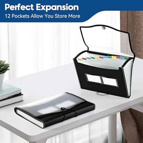 12-Pocket-Expanding File-Folder,Accordion-File-Organizer, A4/US Letter Size Paper Receipt Organizer Accordian Filing Folders (Black-T-12 Pockets)