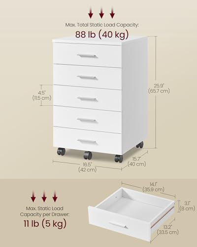 VASAGLE White 5-Drawer Mobile Pedestal Filing Cabinet with Lockable Casters