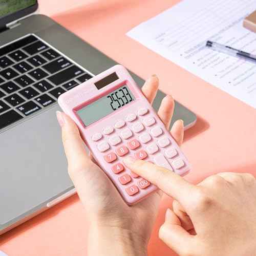 Deli Standard Function Basic Calculator, 12 Digit Desktop Calculator with Large LCD Display, Solar Battery Dual Power Office Calculators, Pink