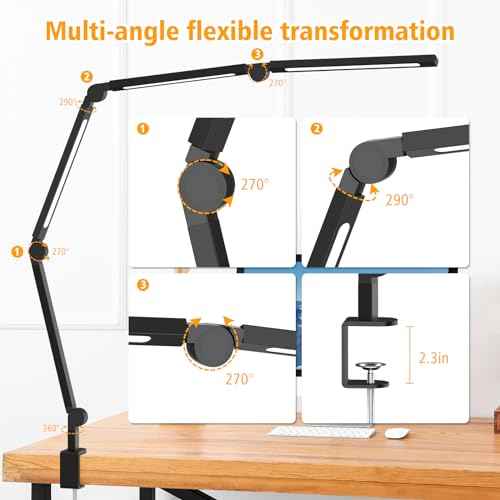 LED Desk Lamp with Clamp, Adjustable Swing Arm for Home Office, Dimmable Tempering Eye Care Table Light, Black Aluminum