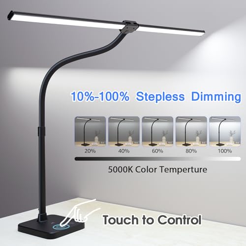 ShineTech LED Desk Lamp for Home Office, 24W Double Head Desk Light with Wireless Charging, USB Port, Adjustable Gooseneck Lamps, 5000K Daylight White