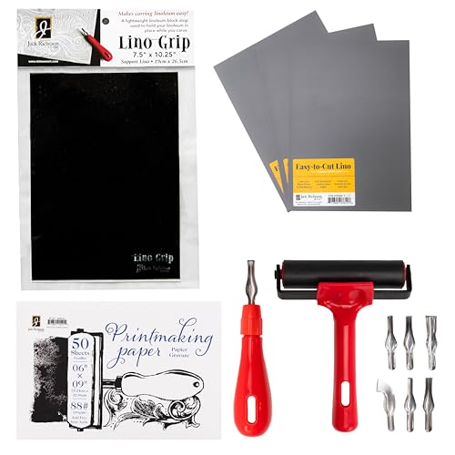 Richeson & Co. Printmaking Starter Kit - Easy to Cut Lino Set, Includes Lino Cutter, Blades, 4¡± Brayer, Lino Grip, Printmaking Paper
