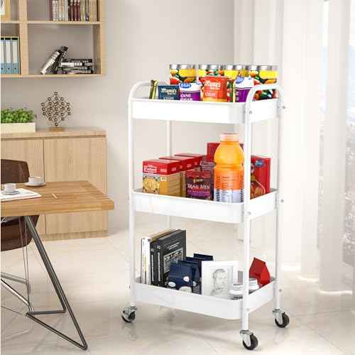 3-Tier Rolling Metal Storage Cart with Wheels, Multi-Functional Organizer for Office, Kitchen, Bathroom, Books Diapers - Easy Assembly (White)