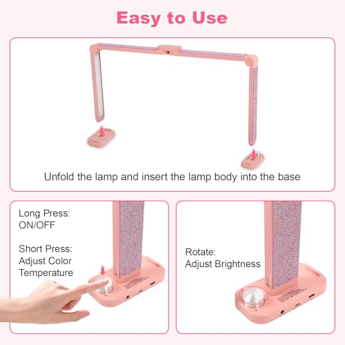 34in Half Moon Light for Nail Desk, Foldable LED Lamp for Nail Art, Tattooing, Craft Making, Stepless Dimming, 3000-6000K Color Temperature Adjustment, 456 Light Beads, Pink with Diamond