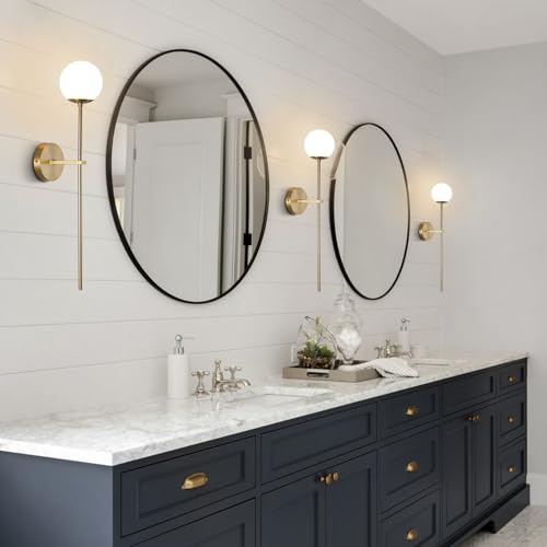 BOKT Mid Century Modern Long Wall Sconce Brushed Brass Bathroom Vanity Wall Sconce Lighting Small Gold Globe Wall Light White Glass Sphere Wall Lamp Antique Brass Wall Lighting