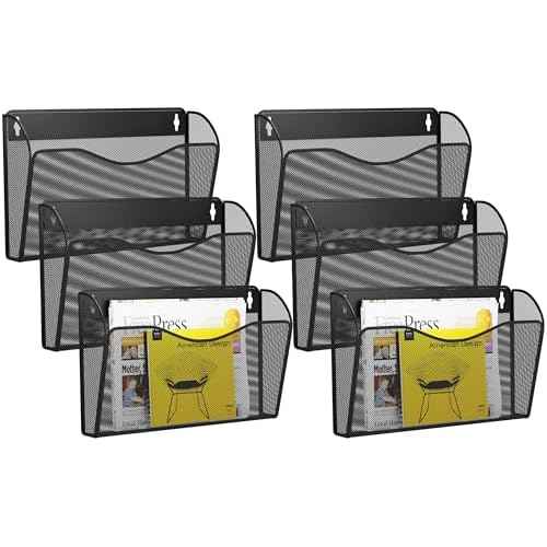 6 Single Pocket Wall File Holder, Mesh Hanging File Folder Paper Organizer, Vertical Wall Mounted Mail Basket, Storage Organization Magazine Rack for Office, Home and School, Black