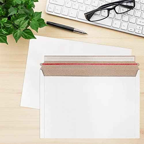 SINJEUN 100 Pack 9x 12 Inch Stay Flat Mailers, 250 gsm Self Seal White Cardboard Envelopes, Stay Flat Envelopes for Files, Photos, Pictures, Papers