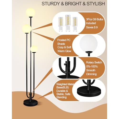 63IN 3-Light Dimmable Floor Lamp, Unique Candle Holder Style Black Tall Standing Lamps with 3000K G9 Bulbs for Reading, Mid Century Modern Floor Lamp for Living Room Bedroom Office