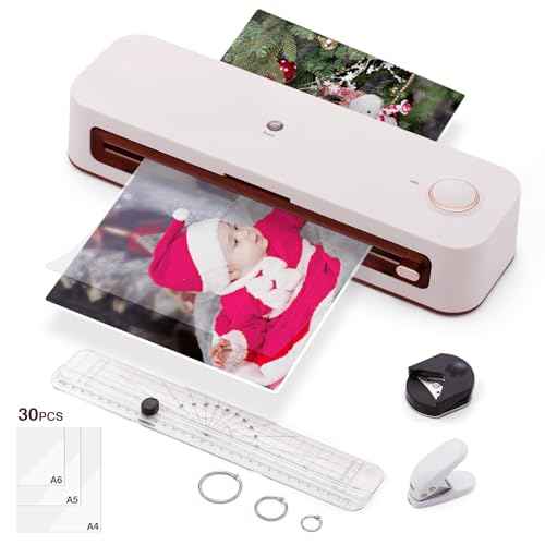 Bisofice A4 Laminator with 30 Laminating Films for A4/A5/A6, Thermal and Cold Laminating Machine with Paper Cutter, Corner Rounder and Punch, for School Office Family (White)