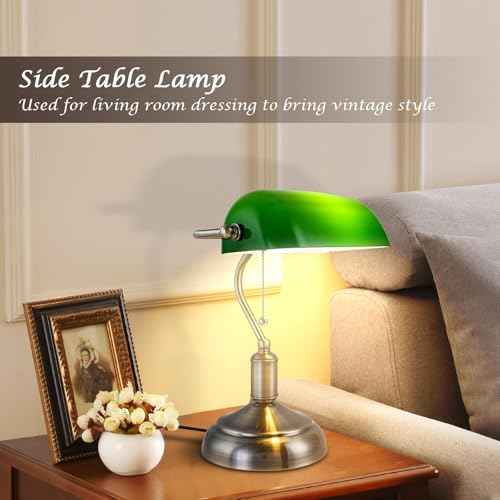 Green Glass Bankers Lamp, Glass Shade, Desk Lamp, Classic Retro Chrome Finish E26 Base Bulb Included, Vintage Desk Lamp Traditional Library Lamp for Office, Study Room