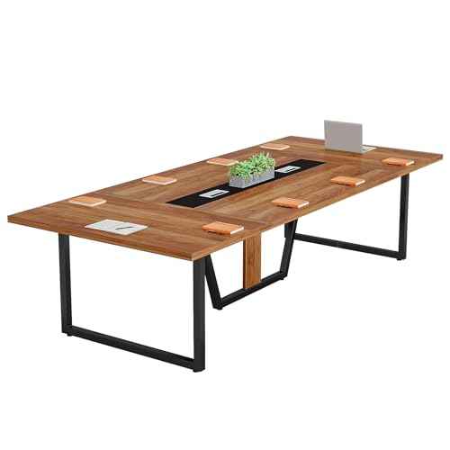Little Tree 8FT Conference Table for 10 People, Large Meeting Table, Modern Conference Room Table with Cable Management, Training Table with Strong Metal Legs for Office, Brown