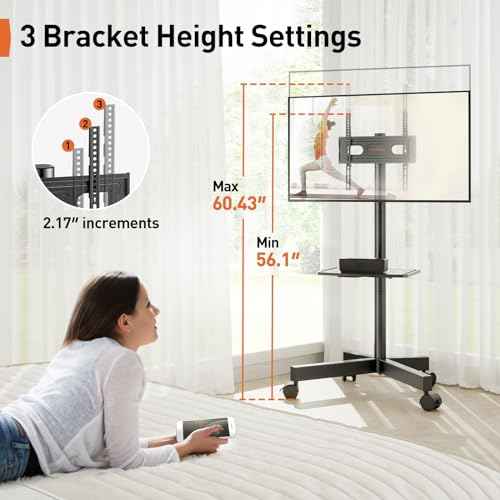 Perlegear Rolling TV Stand for 23-60 Inch LED Flat Screen/Curved TVs up to 88lbs,Mobile TV Stand Wheels with Height Adjustable Portable Rolling TV Cart Max VESA 400x400mm PGTVMC06