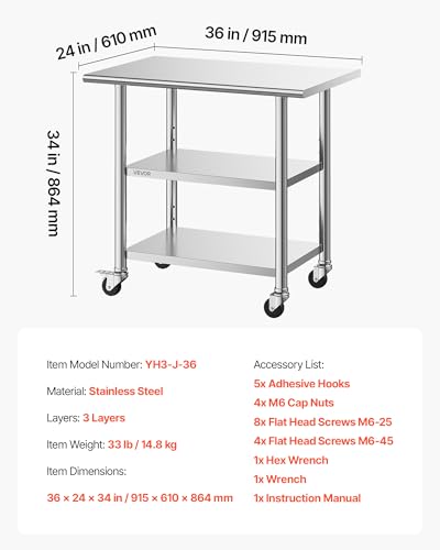 VEVOR 24x36 Stainless Steel Work Table with 2 Shelves & Wheels – Heavy Duty Kitchen Prep Station