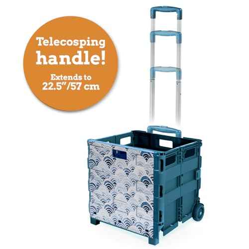 Inspired Living Ultra-Slim Rolling Collapsible Storage Pack-N-Roll Utility-carts, with Telescopic Handle, for Home, Garden, Shopping, Office, School use, Large, Blue, Wave Print