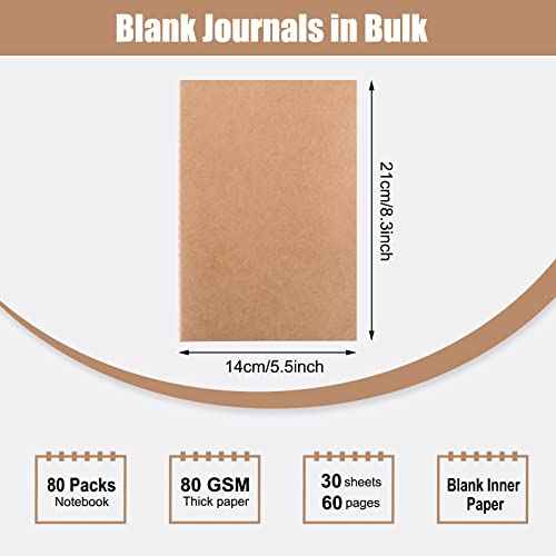 EOOUT 80pcs Kraft Notebooks for Kids, Blank Journals Bulk, Sketch Books, 60 Pages Composition Notebook, 80gsm, 8.3x5.5 Inches, Travel Journal Set, for Travelers, Students and Office Supplies