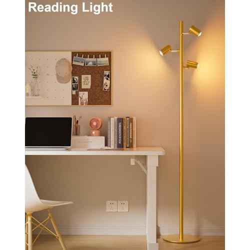 Lightdot 55IN LED Tree Floor Lamp for Living Room, Modern Standing Lamp with 3 Adjustable Rotating Lights, 3000K Warm White Standing Tall Pole Lamps for Living Room, Bedroom, Home, Office-Gold