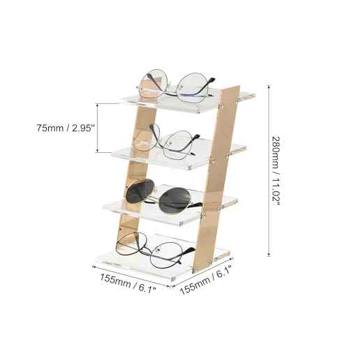 uxcell Sunglasses Display Stand, 1Pcs - Transparent Acrylic Sunglass Rack, 4-tier Glasses Stand, Eyewear Rack for Optical Shop Home Shopping Mall (Gold)