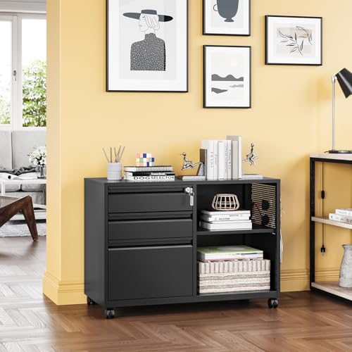 LISSIMO 3-Drawer File Cabinet with Lock, Mobile Lateral Filing Cabinet 34.5W x 24.4H x 15.8D (Black)
