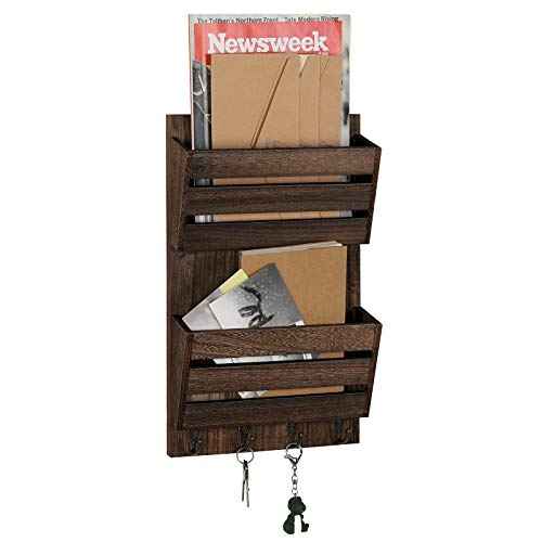 Mail Holder for Wall, Wooden Mail Sorter with 4 Key Hooks, 2 Slot Wall Mounted Mail Sorter Letter Bills Newspaper Magazine Organizer for Entryroom Hallway Office Garage, Rustic Brown