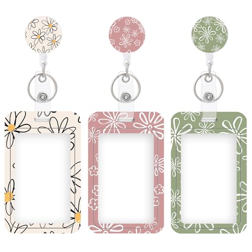 COOKOOKY Flowers Badge Holder Set with Retractable Reel - 3 Pack ID Card Holders for Work, Nurses, Teachers, Students, Women & Men - Variation Flowers#01