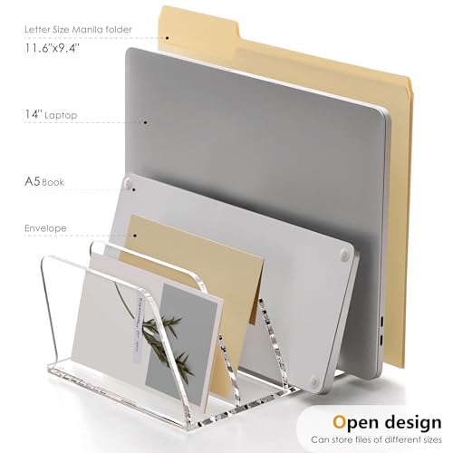 SANRUI Acrylic Desk File Sorter Organizer Holder, 4-Section Clear Vertical Letter File Folder Rack, Notebook Magazine Desktop Binder Mails Storage Bookshelf Upright Divider for Home Office School