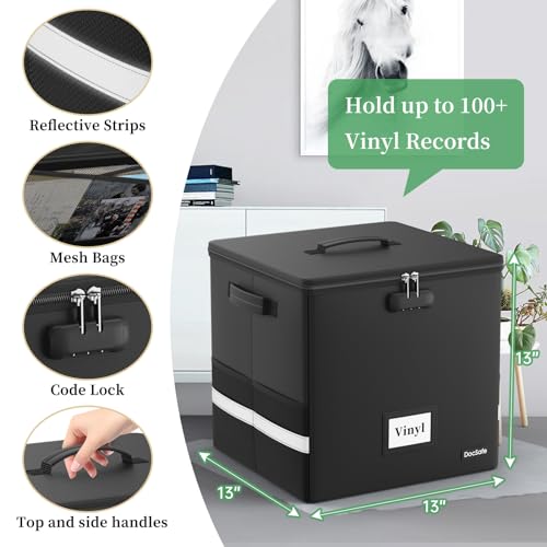 DocSafe Black Vinyl Record Storage Box 13x13x13 Inch Lockable Fireproof Water-Resistant Organizer for 100+ Records