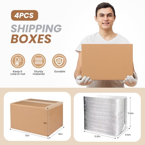 4 Pack Insulated Shipping Boxes with Aluminum Foil Liner,Thermal Insulation Cold Pack Shipping Boxes for Frozen, Reusable Styrofoam Cooler Box, Small Mailing Box, 12''x10''x7''