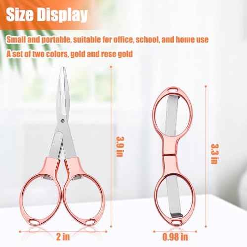 2PCS Folding Scissors, Portable Travel Scissor, Gift for Men Glasses Shaped Mini Shear Telescopic Cutter, Anti Rust Stainless Steel Scissors for Fishing Sewing Home Office (Rose Gold, Gold)