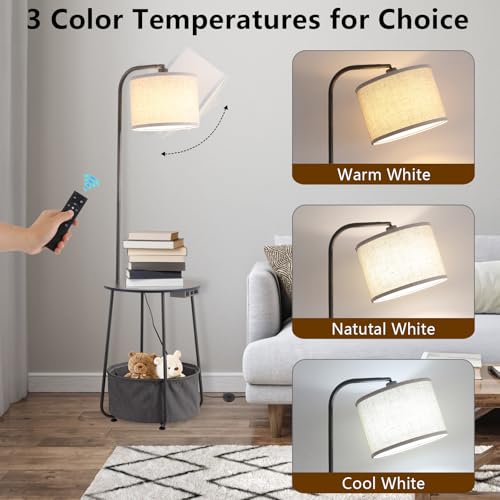 Floor Lamp with Cat Bed and Charging Station, Adjustable Lampshade, 3 Color Temperatures, Remote & Foot Switch Control, Standing Lamp with USB & AC Outlets for Living Room Bedroom, Gray