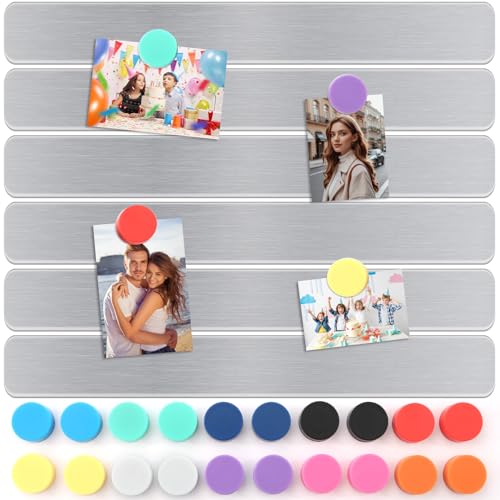 6Pcs Magnetic Strip, Metal Magnet Board with 20 pcs Colorful Magnet, Frameless Magnetic Strips with Adhesive Backing for DIY, Art Projects, whiteboards & Fridge