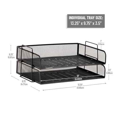 Mind Reader Stackable Paper Tray, Desktop Organizer, File Storage, Office, Metal Mesh, 13.25" L x 9.75" W x 6.25" H, 2 Pcs., Black