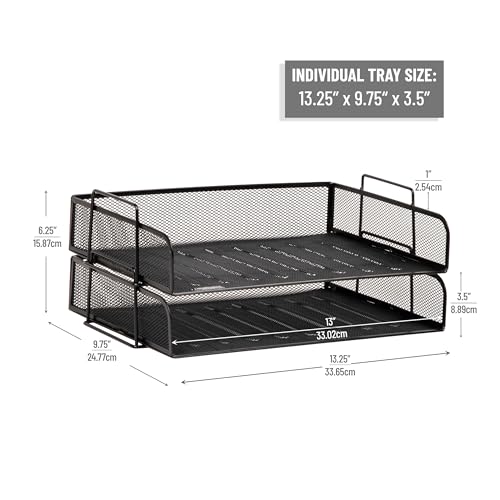 Mind Reader 13.3 x 9.8 Inch Stackable Metal Mesh Paper Trays, Office Desktop Organizer, Black, 2 Pack