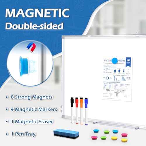 DOLLAR BOSS Dry Erase Whiteboard, 30 x 20 Inch Double-Sided Magnetic White Board for Wall Silver Aluminum Frame for Office School Home with 8 Magnets 4 Markers 1 Eraser 1 Detachable Pen Tray