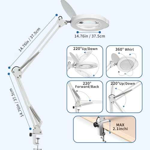 15x Magnifying Glass with Light and Clamp Stand - Long Arm Magnifying Lamp with Remote & Dust Cover - Hands-Free 5 Color Desktop LED Magnifier Lamp with Light for Reading, Crafts, Hobbies, Close Work