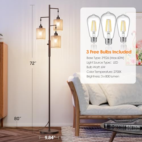 Hotsonic 72" Tall Boho Floor Lamp, Dimmable Standing Lamp with Handcrafted Rattan Shade, Industrial Tree Floor Lamps for Living Room, Bedroom, Study Room, Office (3 x 800LM LED Bulbs Included) - Brown