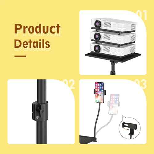 Black Projector Floor Stand with Wheels - Adjustable Height 29 to 44 Inches, Ideal for Office & Home, Portable Laptop Stand