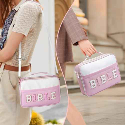 Bible Cover Case for Women, Large Chenille Letter Leather Bible Case with Bible Study Accessories, Bible Study Supplies Bible Journaling Kit, Christmas Christian Gift for Women Girls (Pink)