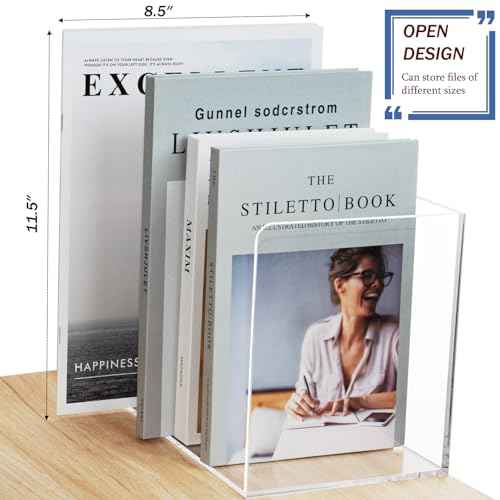 Clear Magazine File Holder with 3 Vertical Compartments, Acrylic Desk Organizer and Accessories Magazine Rack File Organizer Workspace Sorters Bookend for Office Home Desktop